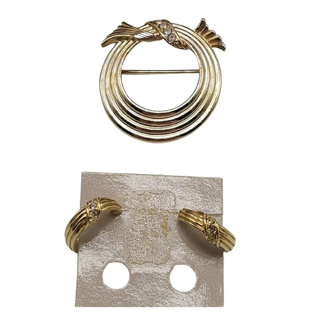 Avon Vintage 1985 Classic Circle Pierced Earrings Brooch Set Gold Tone